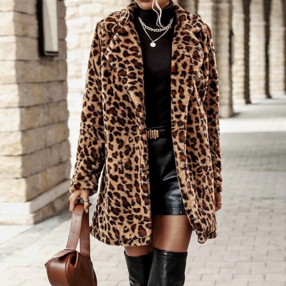 Luxe leopard Print Vegan Fur Open Front Fully Lined Jacket Coat - Picture 1 of 6